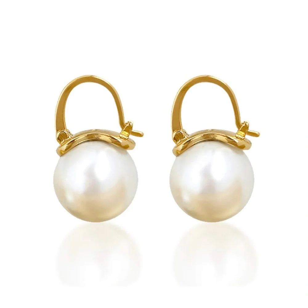 Pearl & Gold Huggies Earrings Hoops - Picture 1 of 3